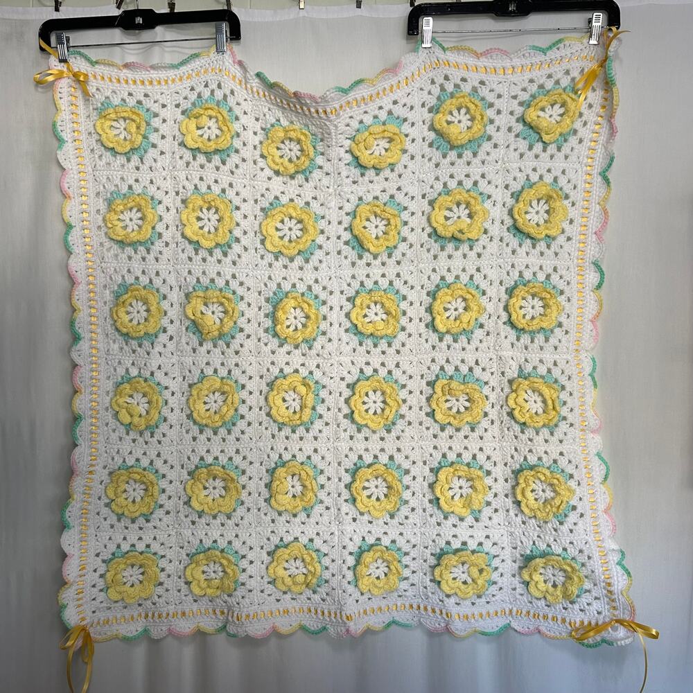 Handmade 3D Floral Baby Afghan 39x39 Green Yellow‎ Pink White
